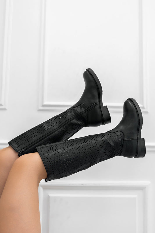 EMMA - Black faux leather perforated boots