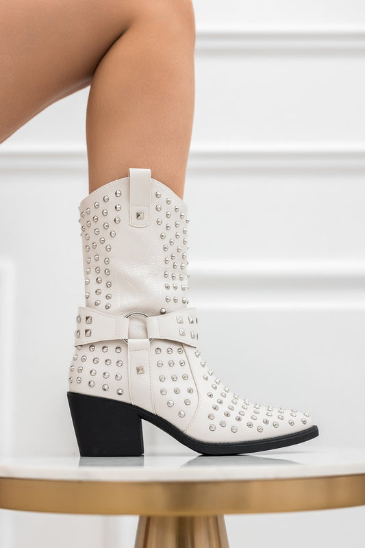 PRETTY - White cowboy ankle boots with studs