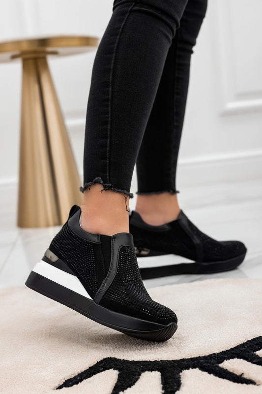 DARCEY - Black sneakers with rhinestones and wedge