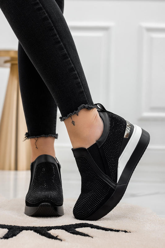 DARCEY - Black sneakers with rhinestones and wedge