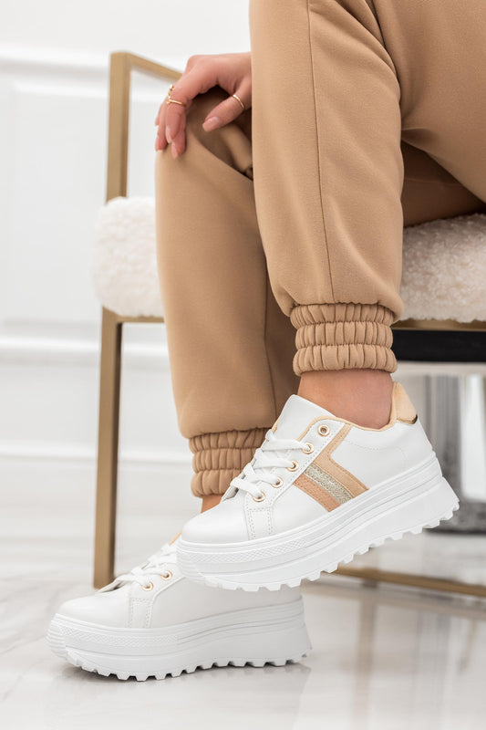 ROSY - White sneakers with beige details and glitter