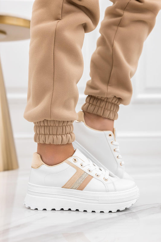 ROSY - White sneakers with beige details and glitter