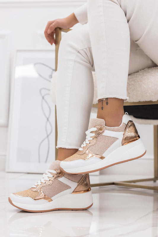 CORINE - White sneakers with rose gold laminated details