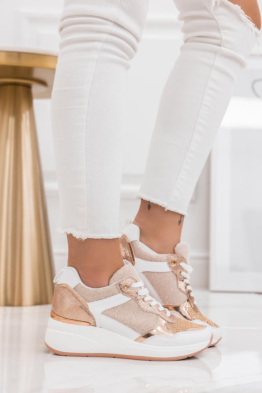 CORINE - White sneakers with rose gold laminated details