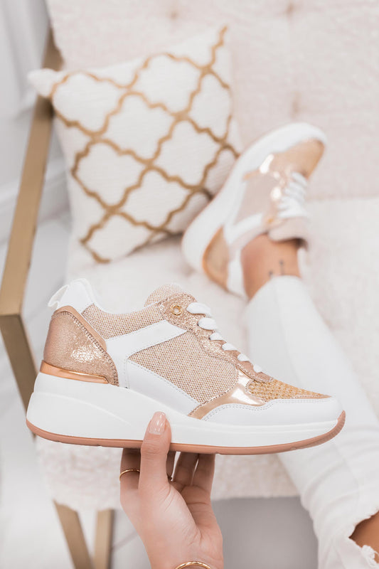 CORINE - White sneakers with rose gold laminated details