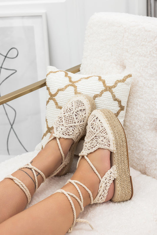 MADISON - Beige lace-up espadrilles with embroidery