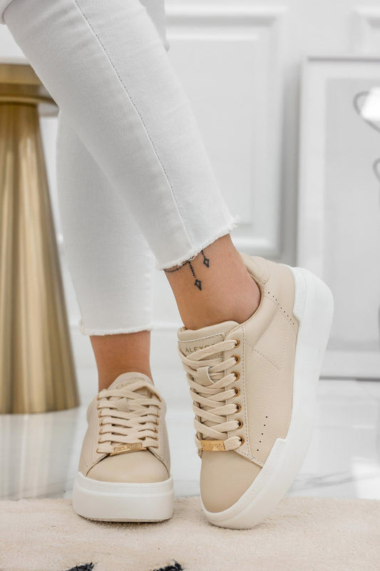 NADIA - Beige faux leather sneakers with gold trim