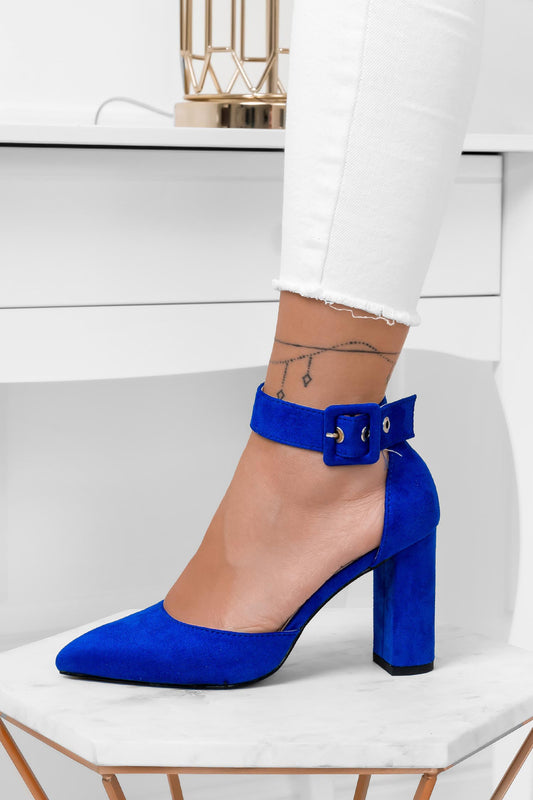 VALENTINA - Electric blue suede pumps with block heel and buckle closure