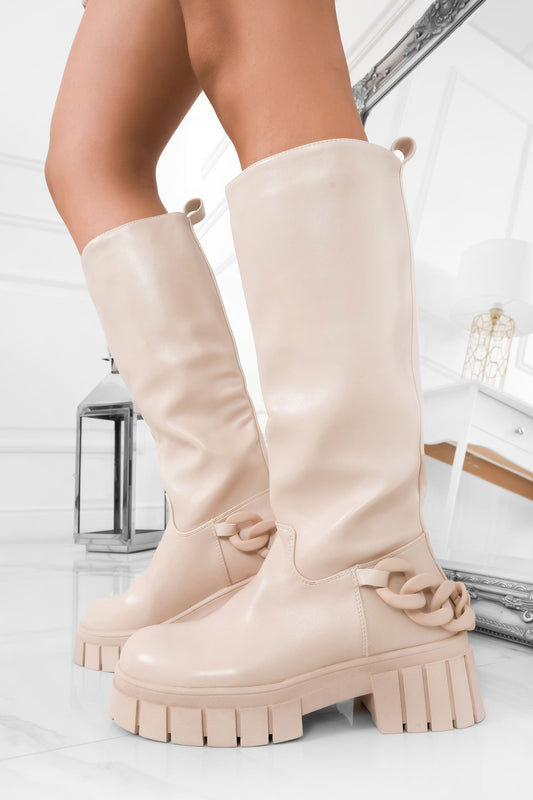 TARA - Beige faux leather boots with chain