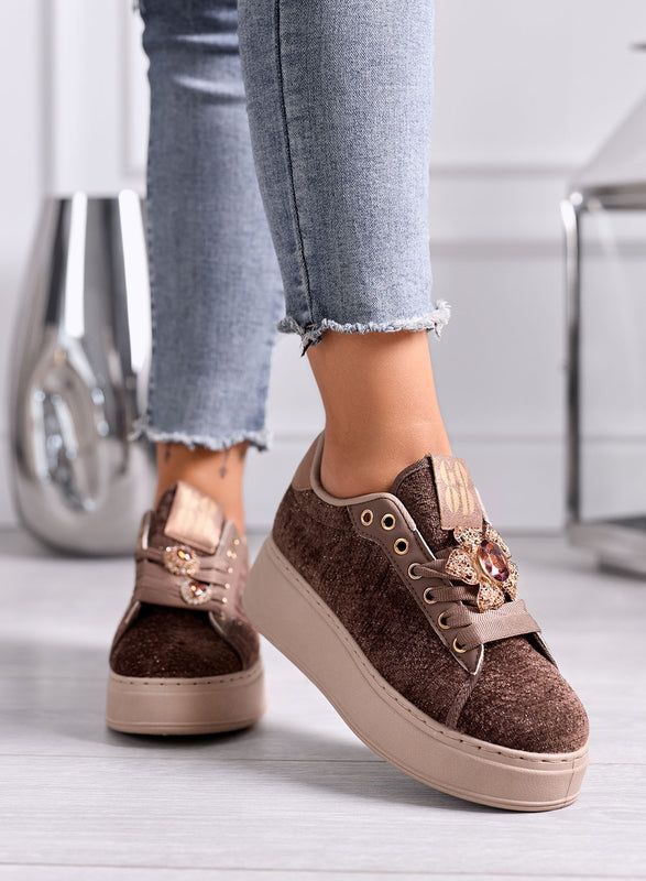 NINFA - Brown platform sneakers in laminated fabric with jewel embellishment