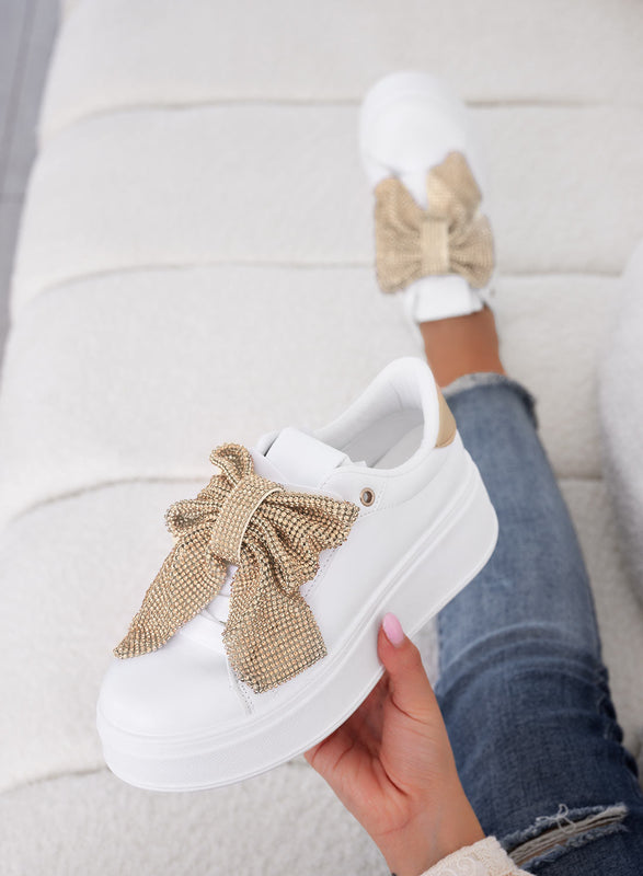 BELGA - White sneakers with gold rhinestone bow