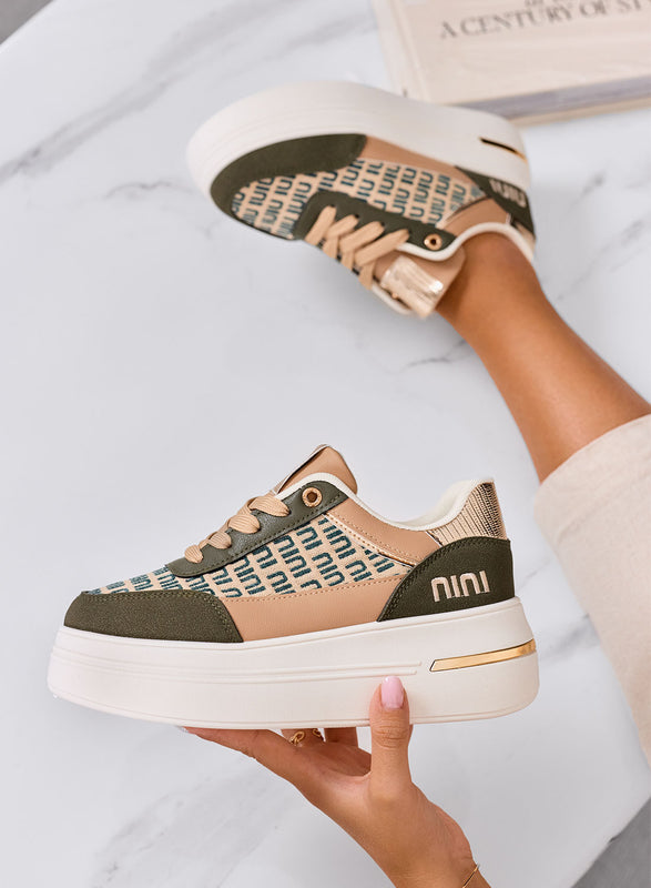 CAMILLA - Green platform sneakers with beige fabric inserts