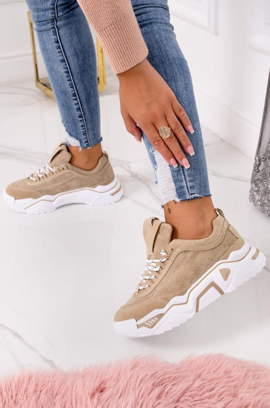 ROBIN - Beige suede sneakers with chunky sole and laces