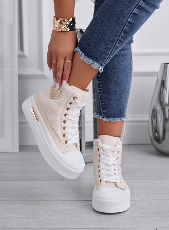 Beige high-top sneakers in faux fur with gold heart