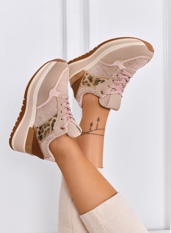 ATENE - Beige sneakers with animal print details and thick sole