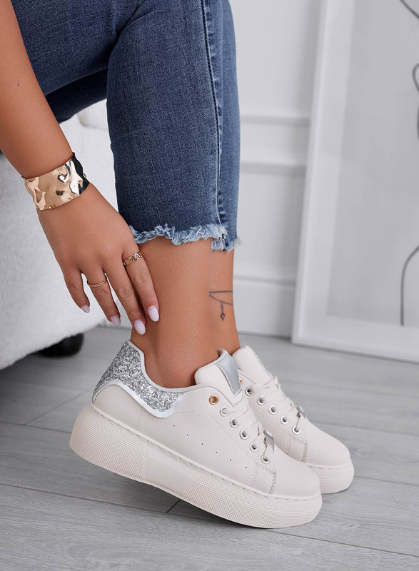 ZORA - Baskets beiges avec talon pailleté argenté