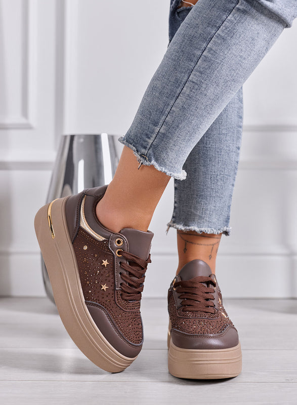 MELANIA - Sneakers Donna marroni con Strass, Stelline e Suola Platform