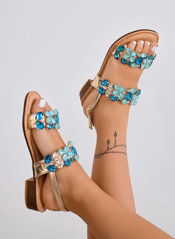 DIAMOND - Sandales bleus plats avec pierres précieuses et bride