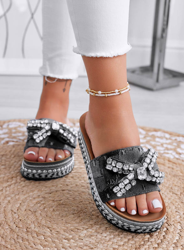 TERESA - Black jeweled denim slipper sandals