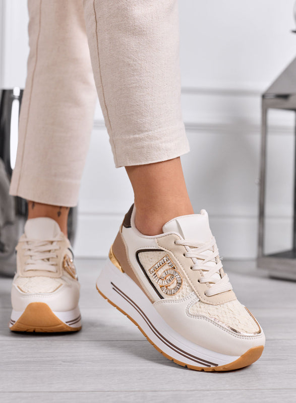 ESTER - Sneakers beige Platform con Dettagli marroni e Logo Gioiello