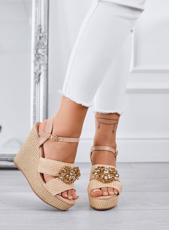 SABRINA - Sandali beige  Zeppe con cinturino e maxi strass