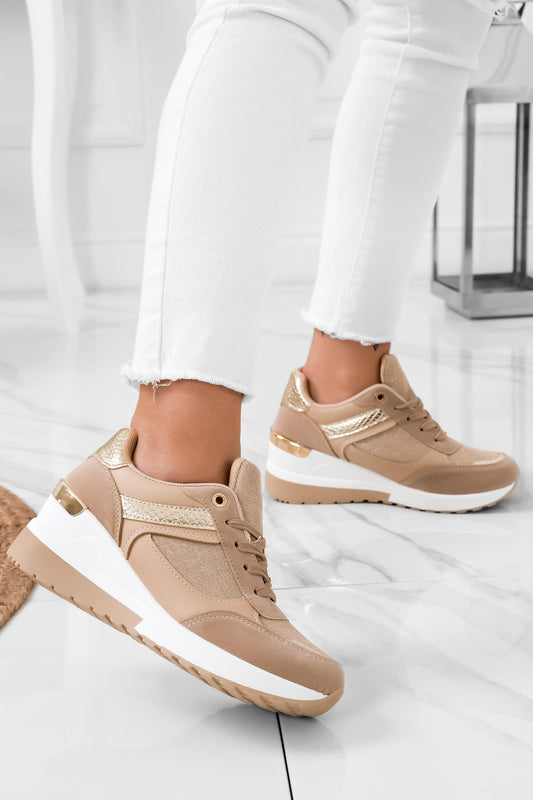 DREAMS - Light brown and golden sneakers with wedge