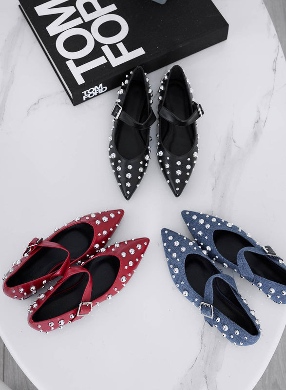 FRANCA - Ballerines bordeaux pointues avec clous sphériques argentés