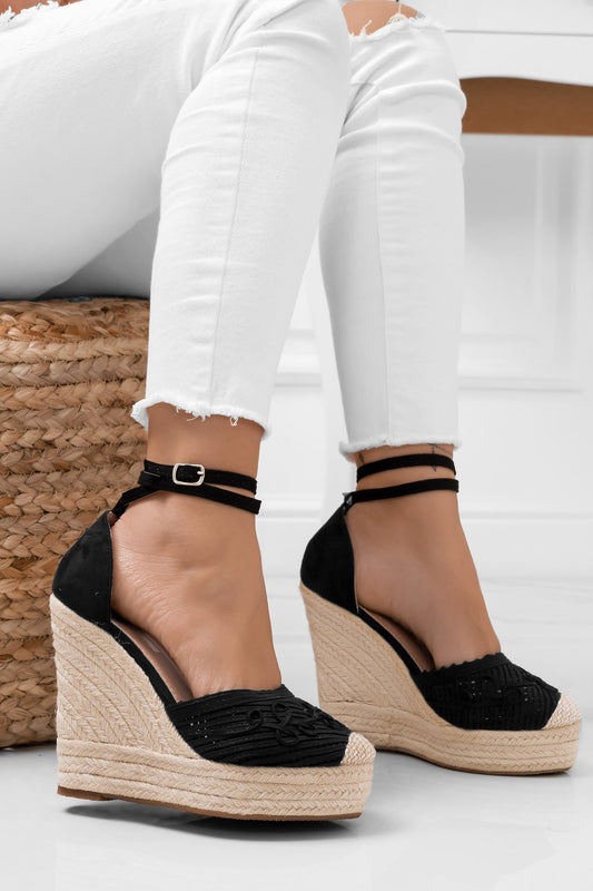 RORY - Black embroidered espadrilles with wedge