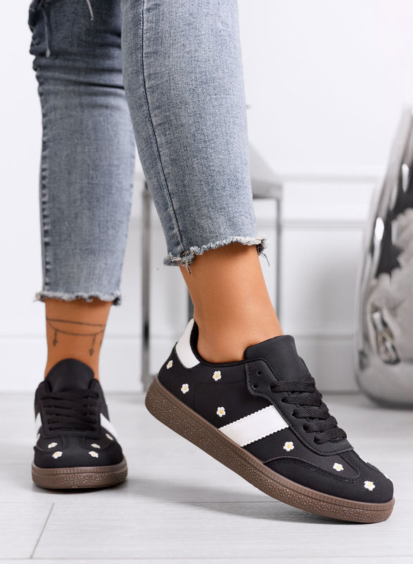WESTON - Black sneakers with embroidered daisies and brown sole