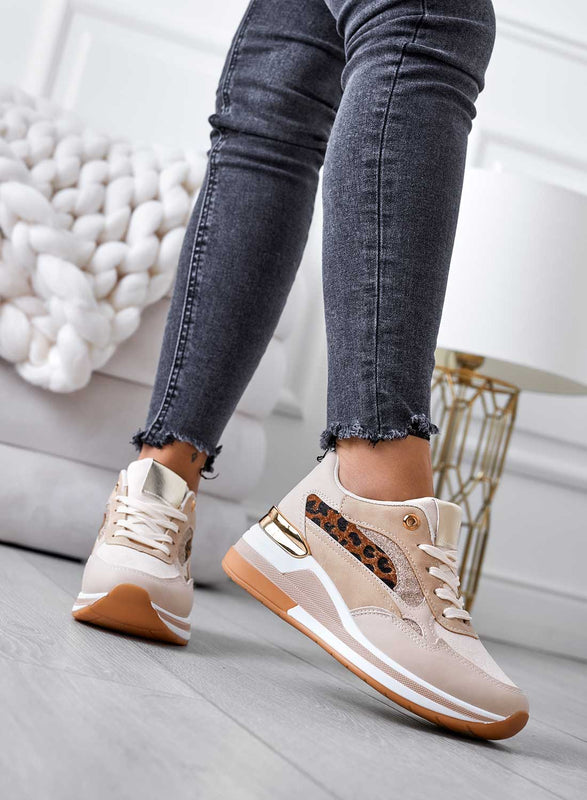 Beige sneakers with glitter and animal print inserts