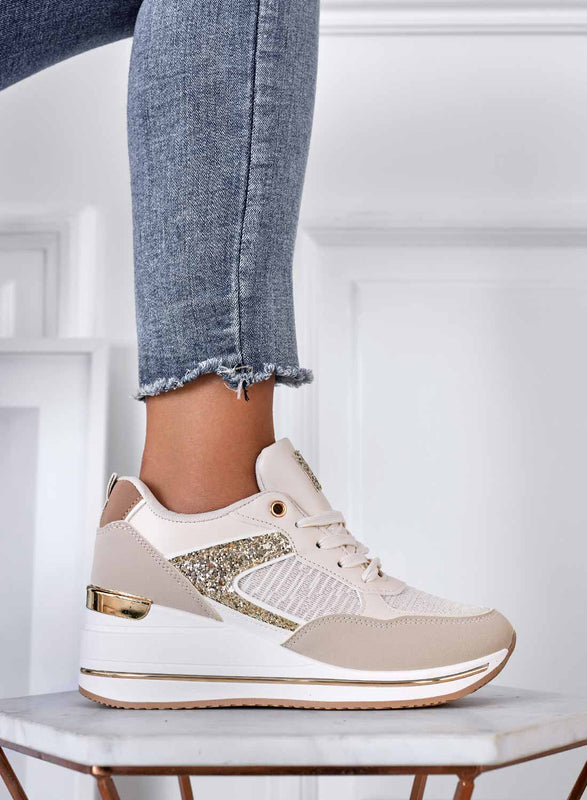 MAGGIE - Beige sneakers with gold glitter inserts