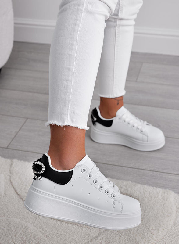 MILE - White sneakers with thick sole and rhinestone bow and black back