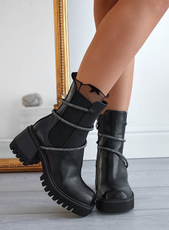 HARRY - Black Alexoo ankle boots with side elastic and rhinestones