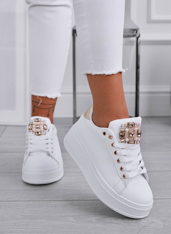 SOPHIE - White sneakers with jewel application and gold back