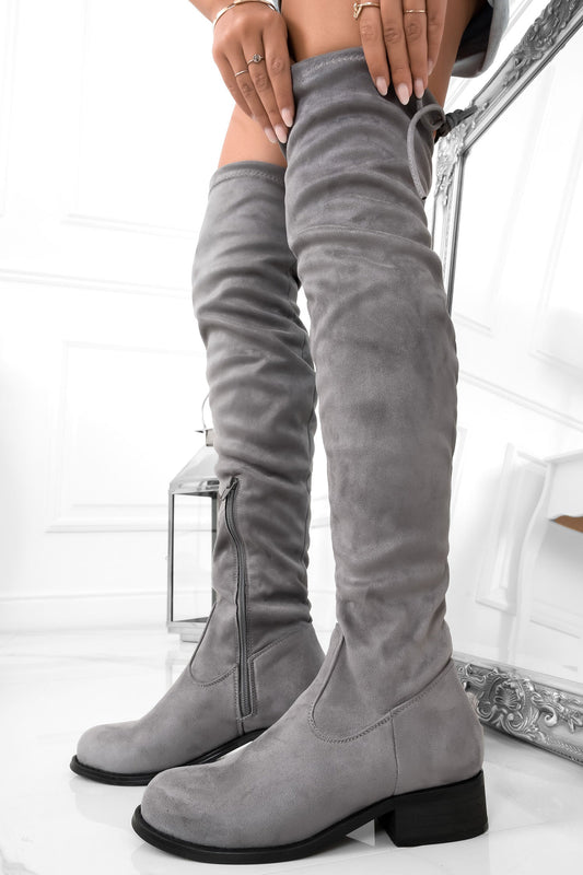 ETHEL - Suede grey over the knee boots with lace