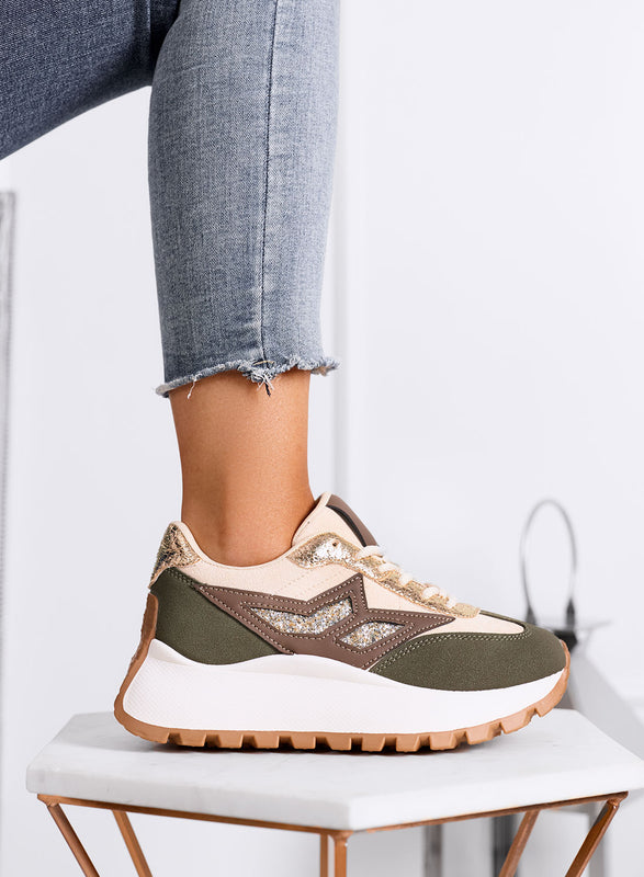 CLARISSA - Beige and green sneakers with glitter detail and chunky sole