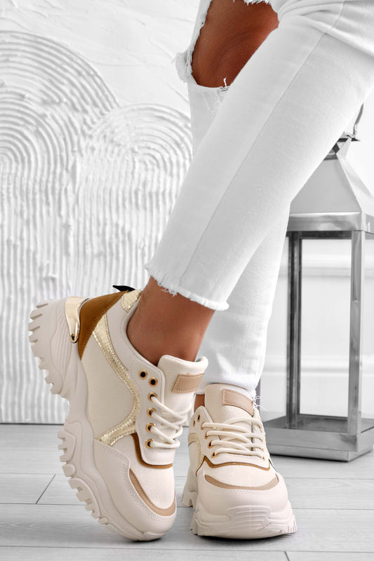 MELANIA - Beige sneakers with high sole and contrasting panels