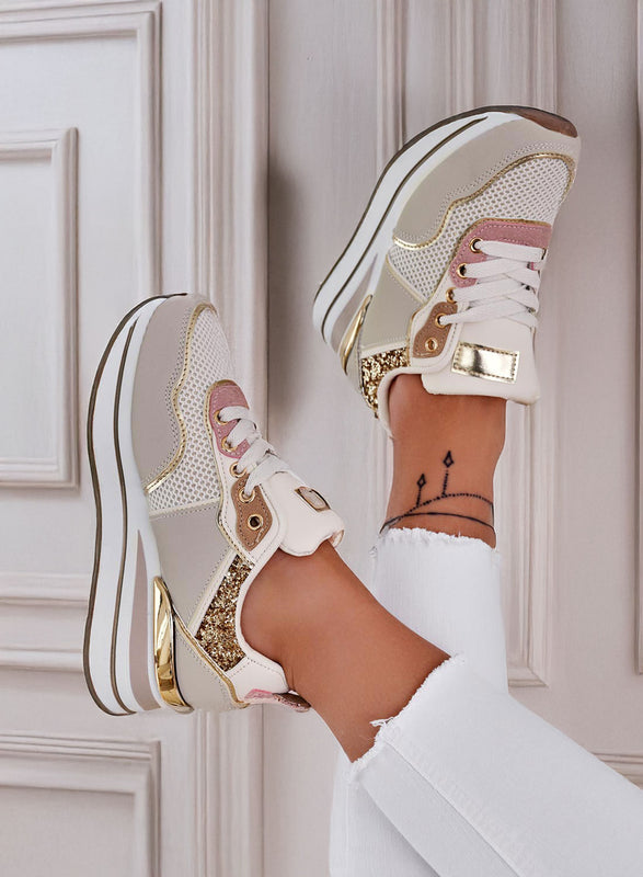 VALDA - Sneakers beige con inserti glitter oro