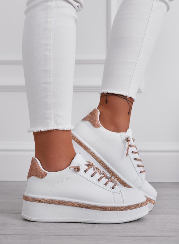 FRANKIE - White sneakers with rose gold jewel laces