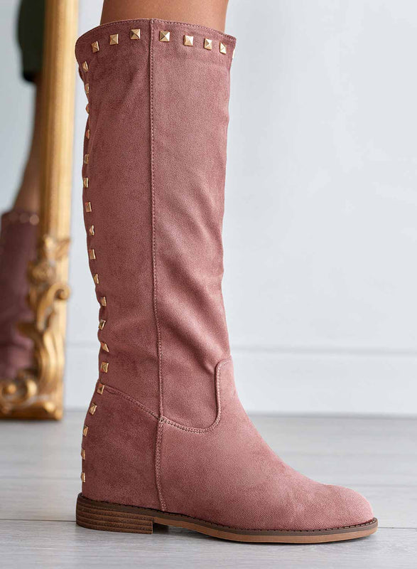 JANINE - Pink suede Alexoo boots with internal wedge and studs