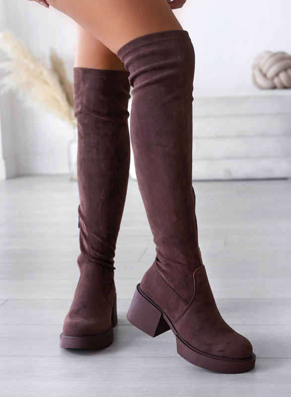 SLOANE - Alexoo Brown Suede Thigh High Boots