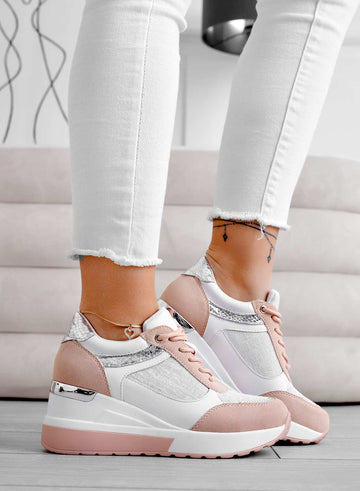 Pink sneakers with silver glitter fabric inserts