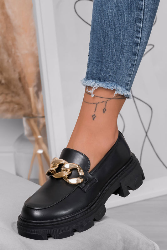 FEDERICA - Black loafers with chunky sole and golden chain