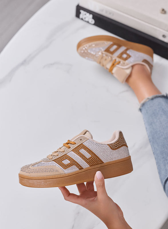 SIDNEY - Sneakers Donna Beige con Strass e Dettagli camel