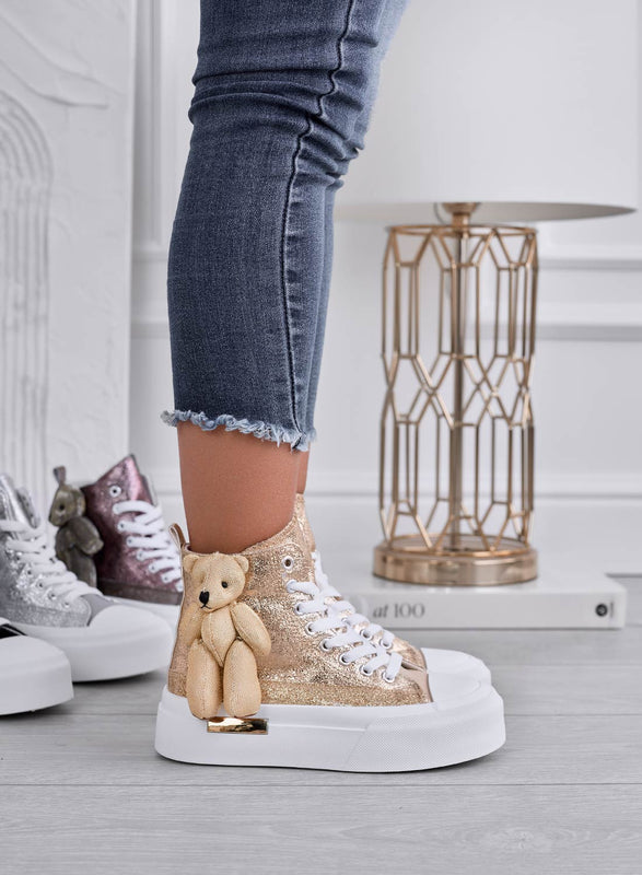 MARICA - Zapatillas doradas laminadas con peluche teddy