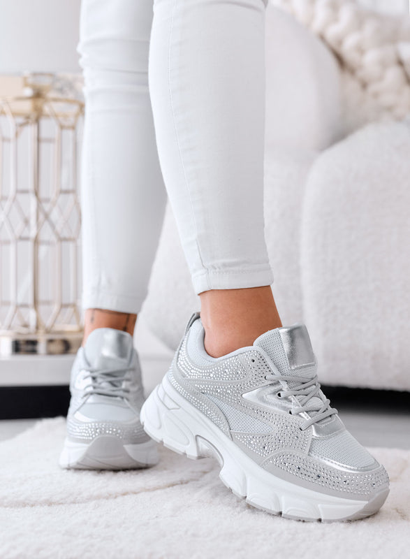 MARTINA - Gray Sneakers with Rhinestones and Chunky Platform Sole