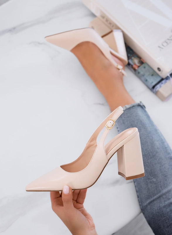 ANGELICA – Beige pointed slingback pumps with block heel