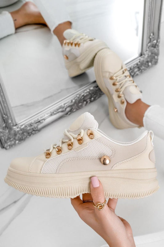 ELVIRA - Beige sneakers with golden button and hooks