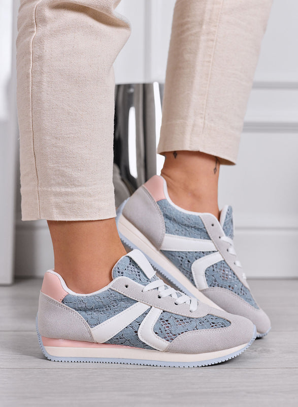 GIULIANA - Gray sneakers with blue lace and pink inserts