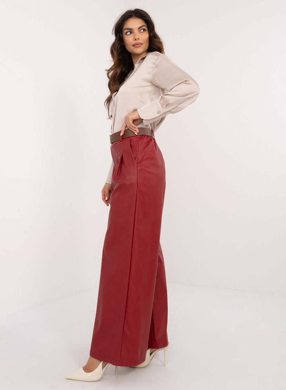Burgundy faux leather flared trousers